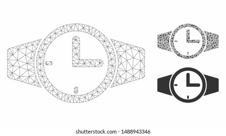 Mesh watches model with triangle mosaic icon. Wire frame polygonal network of watches. Vector composition of triangle elements in variable sizes, and color shades. Abstract 2d mesh watches,