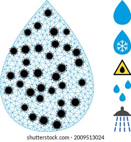 Mesh water drop polygonal 2d vector illustration, with black infection centers. Abstraction is created from water drop flat icon, with infection elements and polygonal mesh.