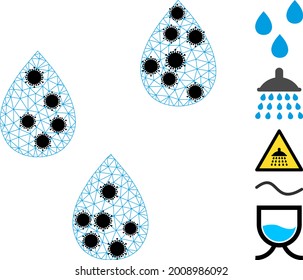 Mesh water drops polygonal icon vector illustration, with black coronavirus items. Model is created from water drops flat icon, with infection nodes and triangle mesh.