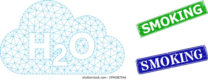 Mesh water fog image, and Smoking blue and green rectangular rubber seal imitations. Mesh carcass image is based on water fog icon. Seals have Smoking title inside rectangular shape.