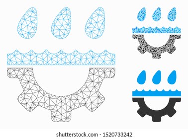 Mesh water gear drops model with triangle mosaic icon. Wire frame triangular network of water gear drops. Vector mosaic of triangle elements in variable sizes, and color tinges.