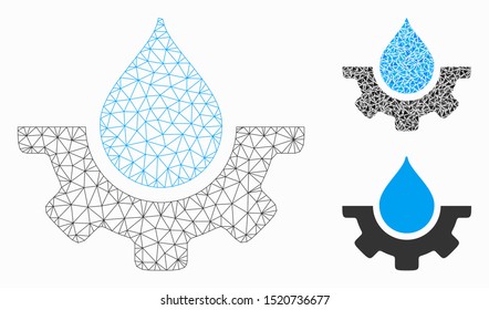 Mesh water service model with triangle mosaic icon. Wire carcass triangular mesh of water service. Vector mosaic of triangles in variable sizes, and color tints. Abstract 2d mesh water service,