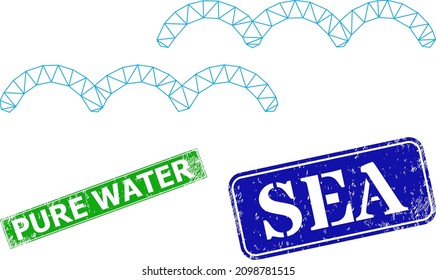 Mesh Water Surface Image, And Pure Water Blue And Green Rectangular Dirty Stamp Seals. Mesh Wireframe Image Is Based On Water Surface Icon. Stamp Seals Contain Pure Water Title Inside Rectangle Frame.