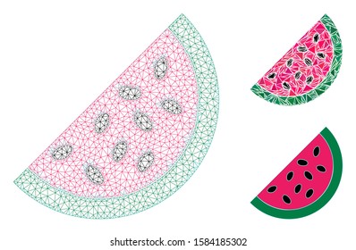 Mesh watermelon piece model with triangle mosaic icon. Wire frame polygonal mesh of watermelon piece. Vector mosaic of triangle parts in variable sizes, and color tinges.