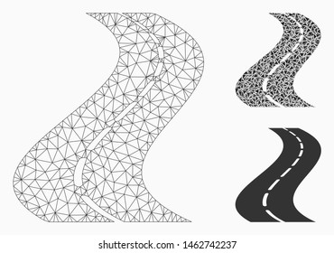 Mesh waving road model with triangle mosaic icon. Wire frame polygonal mesh of waving road. Vector mosaic of triangle parts in different sizes, and color hues. Abstract 2d mesh waving road,