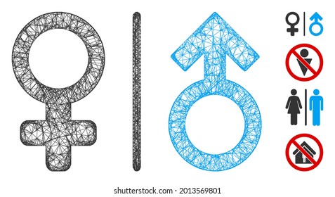 Mesh WC gender symbols web icon vector illustration. Carcass model is created from WC gender symbols flat icon. Mesh forms abstract WC gender symbols flat carcass.
