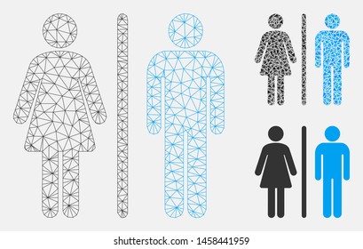 Mesh WC persons model with triangle mosaic icon. Wire carcass polygonal network of WC persons. Vector mosaic of triangle parts in different sizes, and color tints. Abstract flat mesh WC persons,