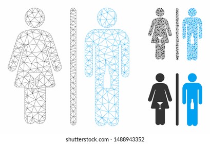 Mesh WC persons model with triangle mosaic icon. Wire carcass triangular mesh of WC persons. Vector mosaic of triangle parts in various sizes, and color tones. Abstract 2d mesh WC persons,
