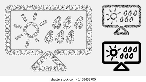 Mesh weather forecast display model with triangle mosaic icon. Wire carcass polygonal mesh of weather forecast display. Vector mosaic of triangle elements in different sizes, and color tinges.