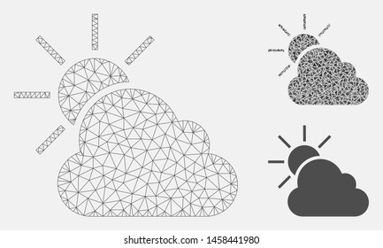 Mesh weather model with triangle mosaic icon. Wire carcass polygonal mesh of weather. Vector composition of triangle parts in various sizes, and color tints. Abstract flat mesh weather,