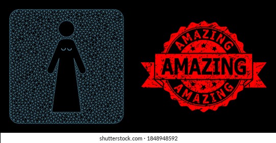 Mesh web bride on a black background, and Amazing corroded ribbon stamp seal. Red stamp seal includes Amazing tag inside ribbon. Vector model created from bride icon with mesh.