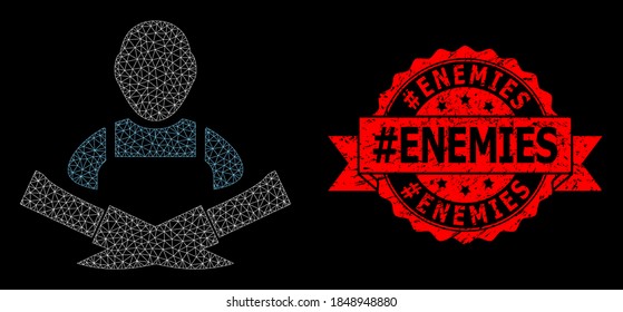 Carnicero de la red en malla con fondo negro, y sello de timbre de cinta rasgada #Enemies. El sello rojo tiene la leyenda #Enemies dentro de la cinta. Constelación vectorial creada a partir del icono carnicero con malla.