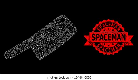 Cuchillo de carnicería de tela de malla sobre un fondo negro, y sello de timbre de cinta impuro Spaceman. El sello rojo incluye la leyenda Spaceman dentro de la cinta.