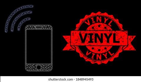 Mesh web cellphone signal on a black background, and Vinyl grunge ribbon stamp. Red stamp seal includes Vinyl text inside ribbon. Vector constellation created from cellphone signal icon with mesh.