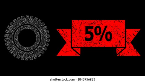 Mesh web clock gear on a black background, and 5% textured ribbon stamp seal. Red stamp seal includes 5% tag inside ribbon. Vector constellation created from clock gear icon with mesh.