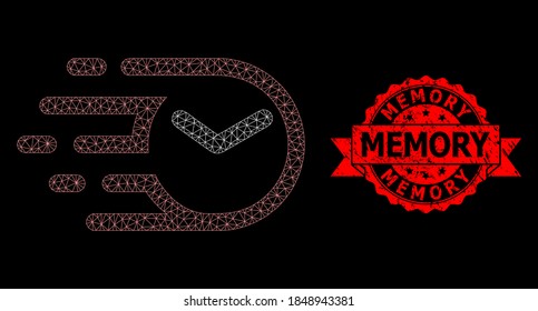 Reloj de malla en el fondo negro y sello de cinta de goma de memoria. El sello rojo incluye texto de memoria dentro de la cinta. Constelación vectorial creada a partir del icono de reloj con malla.