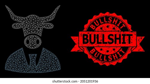 Mesh web cow boss on a black background, and Bullshit unclean ribbon seal imitation. Red seal contains Bullshit caption inside ribbon. Vector constellation created from cow boss icon with mesh.