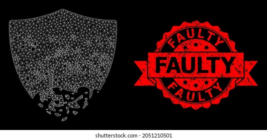 Escudo dañado por la red de malla en un fondo negro y sello de cinta rasgada defectuoso. El sello rojo incluye la etiqueta defectuosa dentro de la cinta.