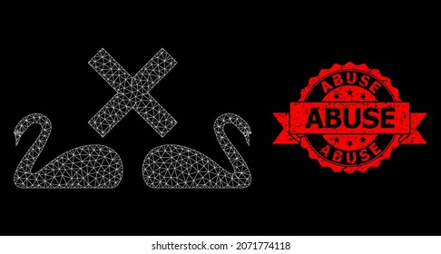 Mesh web divorce swans on a black background, and Abuse grunge ribbon watermark. Red stamp includes Abuse caption inside ribbon. Vector constellation created from divorce swans icon with mesh.