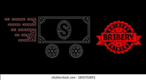 El coche de malla con un dólar en la red sobre un fondo negro, y la imitación del sello de goma de Bribery. El sello rojo incluye la leyenda del soborno dentro de la cinta. Constelación vectorial creada a partir de un icono de dólar con malla.