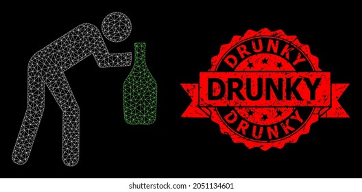 Mesh Web betrunkenen Mann auf schwarzem Hintergrund, und Drunken Gummi Band-Siegel. Rote Stempelrobbe enthält Drunkenhülsen im Band. Vektormodell erstellt aus betrunkenem Menschensymbol mit Maschen.