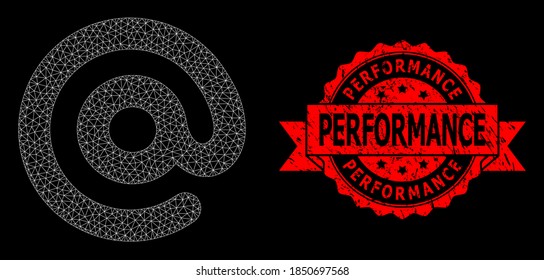 Mesh web email symbol on a black background, and Performance textured ribbon seal print. Red stamp seal contains Performance caption inside ribbon.