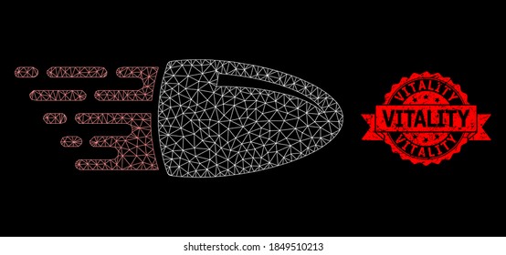 Mesh web flying bullet on a black background, and Vitality unclean ribbon seal imitation. Red seal includes Vitality tag inside ribbon. Vector model created from flying bullet icon with mesh.