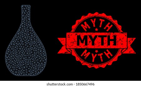 Mesh web glass jug on a black background, and Myth dirty ribbon seal print. Red stamp seal has Myth text inside ribbon. Vector model created from glass jug icon with mesh.