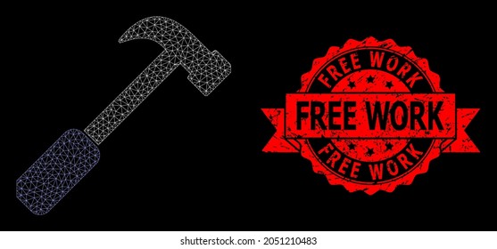Mesh web hammer on a black background, and Free Work rubber ribbon seal. Red seal contains Free Work tag inside ribbon. Vector model created from hammer icon with mesh. Carcass mesh polygonal hammer.