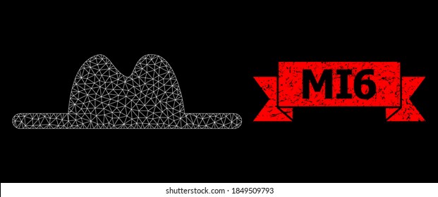 Mesh web hat on a black background, and MI6 textured ribbon stamp seal. Red seal contains MI6 caption inside ribbon. Vector constellation created from hat icon with mesh. Frame mesh polygonal hat.