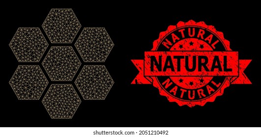 Mesh web honeycombs on a black background, and Natural grunge ribbon stamp. Red stamp seal includes Natural tag inside ribbon. Vector model created from honeycombs icon with mesh.