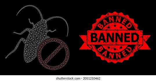 Mesh web no cockroach on a black background, and Banned unclean ribbon seal imitation. Red stamp seal includes Banned tag inside ribbon. Vector model created from no cockroach icon with mesh.