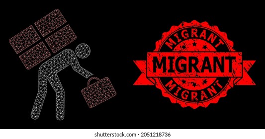 Mesh web refugee person on a black background, and Migrant unclean ribbon stamp seal. Red stamp seal includes Migrant caption inside ribbon. Vector model created from refugee person icon with mesh.