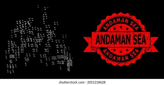 Mesh web sand swarm on a black background, and Andaman Sea rubber ribbon stamp. Red stamp seal includes Andaman Sea caption inside ribbon. Vector constellation created from sand swarm icon with mesh.