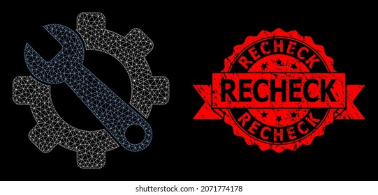 Mesh web service tools on a black background, and Recheck rubber ribbon seal print. Red seal contains Recheck tag inside ribbon. Vector model created from service tools icon with mesh.