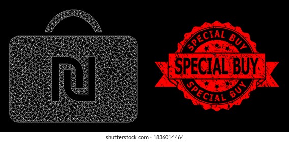 Mesh web shekel case on a black background, and Special Buy grunge ribbon seal print. Red stamp seal contains Special Buy tag inside ribbon. Vector model created from shekel case icon with mesh.