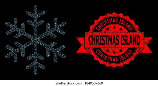 Schneeflocken aus dem Netz auf schwarzem Hintergrund, und weihnachtsinseln strukturiertes Band-Siegel. Rote Stempelrobbe enthält die Weihnachtsinseln-Bildunterschrift im Band. Vektormodell erstellt aus Schneeflocken Symbol mit Maschen.