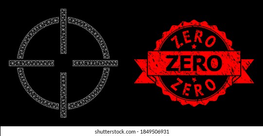 Mesh web target on a black background, and Zero dirty ribbon stamp seal. Red stamp seal has Zero title inside ribbon. Vector model created from target icon with mesh. Frame mesh polygonal target.