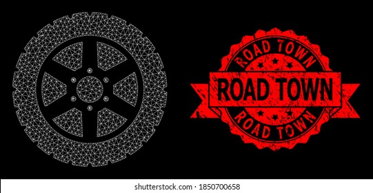 Mesh web tire wheel on a black background, and Road Town grunge ribbon stamp seal. Red seal includes Road Town text inside ribbon. Vector constellation created from tire wheel icon with mesh.
