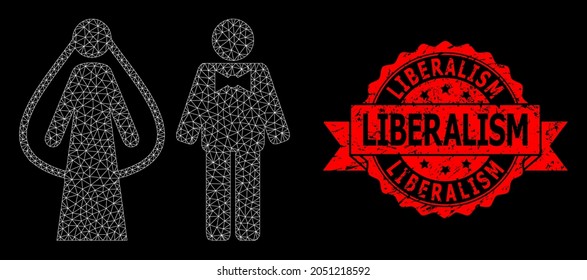 Mesh web weds persons on a black background, and Liberalism corroded ribbon seal print. Red stamp seal contains Liberalism text inside ribbon. Vector model created from weds persons icon with mesh.