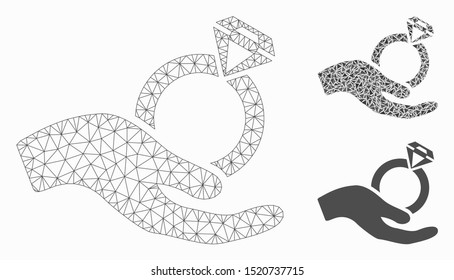 Mesh wedding ring offer hand model with triangle mosaic icon. Wire frame polygonal mesh of wedding ring offer hand. Vector collage of triangle parts in various sizes, and color tints.