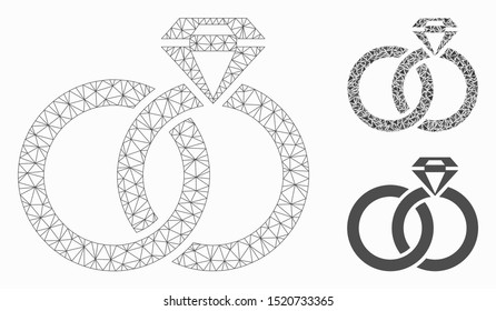 Mesh wedding rings with gem model with triangle mosaic icon. Wire frame polygonal mesh of wedding rings with gem. Vector mosaic of triangle elements in various sizes, and color tints.