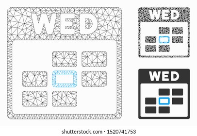 Mesh Wednesday calendar grid model with triangle mosaic icon. Wire frame triangular mesh of Wednesday calendar grid. Vector composition of triangle elements in different sizes, and color tones.