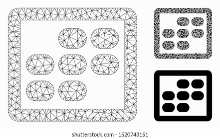 Mesh week calendar model with triangle mosaic icon. Wire frame polygonal mesh of week calendar. Vector mosaic of triangles in various sizes, and color tinges. Abstract flat mesh week calendar,