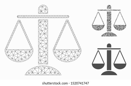 Mesh weight scales model with triangle mosaic icon. Wire frame triangular mesh of weight scales. Vector mosaic of triangle parts in variable sizes, and color hues. Abstract flat mesh weight scales,