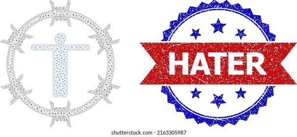 Mesh welcome to prison frame icon, and bicolor textured Hater watermark. Mesh wireframe image based on welcome to prison icon. Vector watermark with Hater title inside red ribbon and blue rosette,