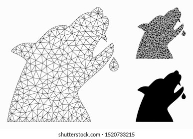 Mesh werewolf model with triangle mosaic icon. Wire frame triangular mesh of werewolf. Vector mosaic of triangles in variable sizes, and color tones. Abstract flat mesh werewolf,