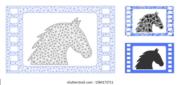 Mesh western movie model with triangle mosaic icon. Wire frame polygonal mesh of western movie. Vector collage of triangle elements in various sizes, and color hues. Abstract flat mesh western movie,