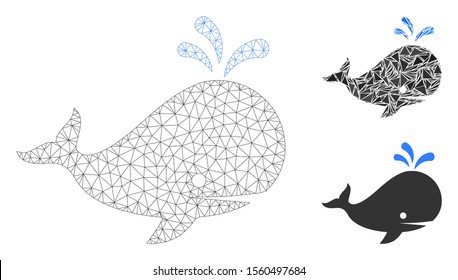 Mesh whale model with triangle mosaic icon. Wire frame triangular mesh of whale. Vector mosaic of triangle elements in variable sizes, and color shades. Abstract 2d mesh whale,