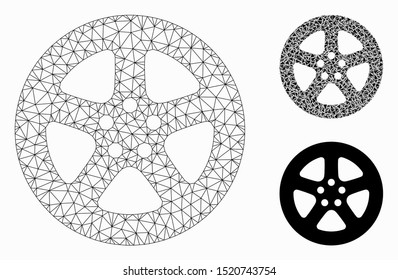Mesh wheel cover model with triangle mosaic icon. Wire carcass polygonal mesh of wheel cover. Vector mosaic of triangle elements in various sizes, and color tinges. Abstract flat mesh wheel cover,